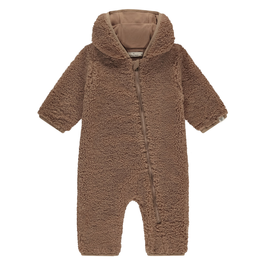 A Tiny Story Babysuit Teddy Brown met berenoortjes in maat 56,62,68,74.