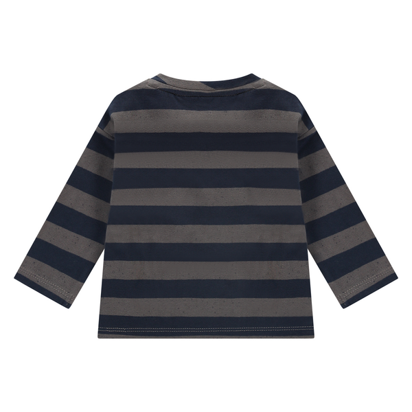 Een donkerblauw babytruitje met licht grijze strepen