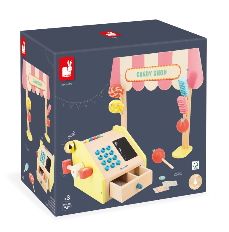 Bestaat uit een snoepkraam, 6 snoepjes en een kasregister, dit imitatiespeelgoed is ideaal om de volwassenen na te doen! 