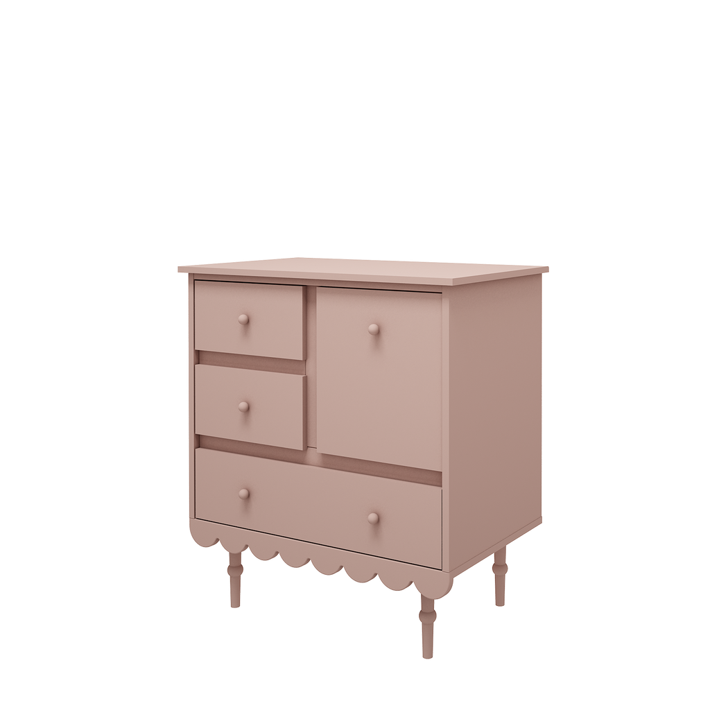 Een oud roze commode met 3 lades en leggedeelte