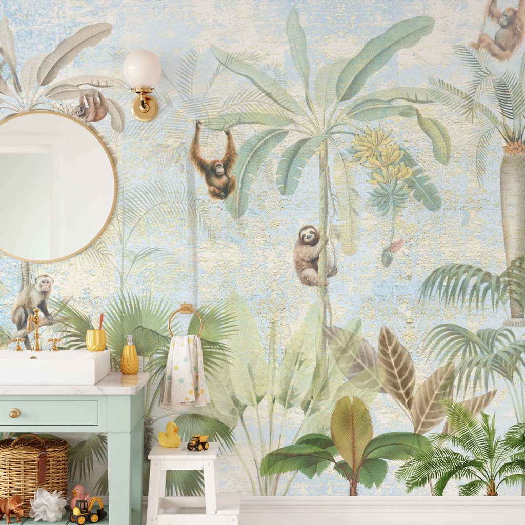 Fleur des Fleurs - Behang - Blue, gold & green Monkey Palms - Vinyl en Vlies
