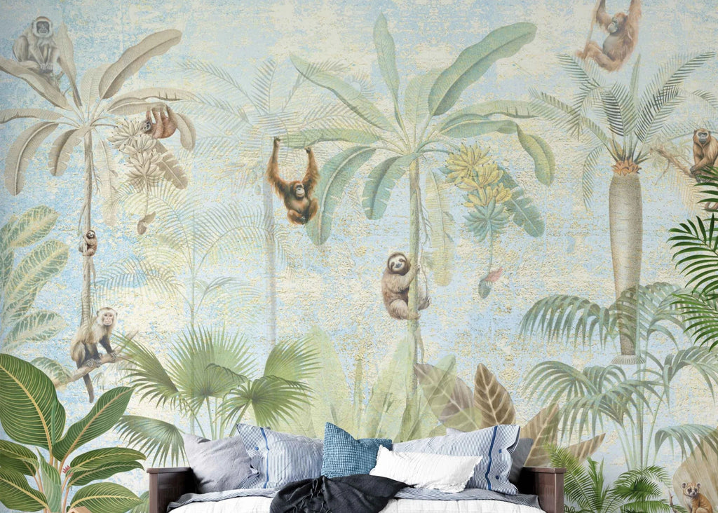 Fleur des Fleurs - Behang - Blue, gold & green Monkey Palms - Vinyl en Vlies