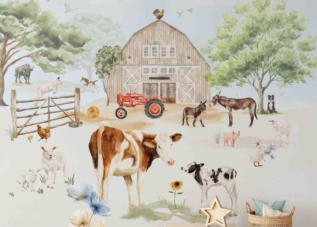 Fleur des Fleurs Behang Farm Life Blue & Beige in vlies en vinyl.