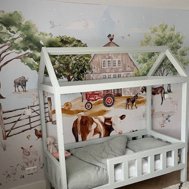 Fleur des Fleurs Behang Farm Life Blue & Beige in vlies en vinyl.