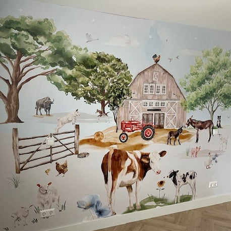 Fleur des Fleurs Behang Farm Life Blue & Beige in vlies en vinyl.