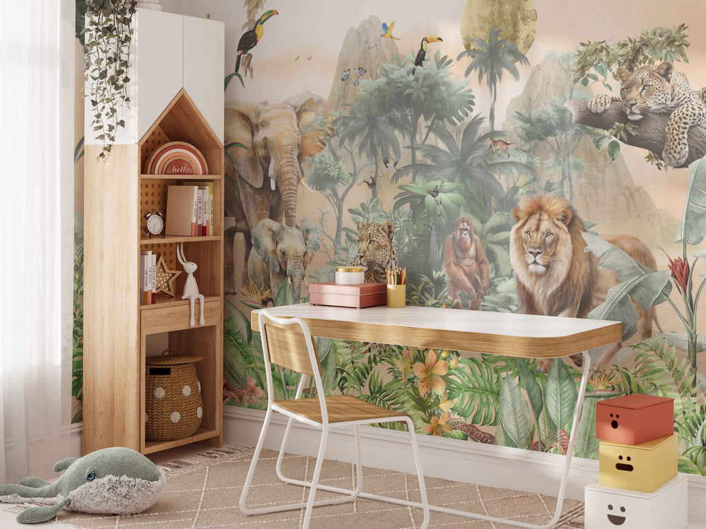 Fleur des Fleurs Behang Jungle Paradise Color (warm orange) in vlies en vinyl.