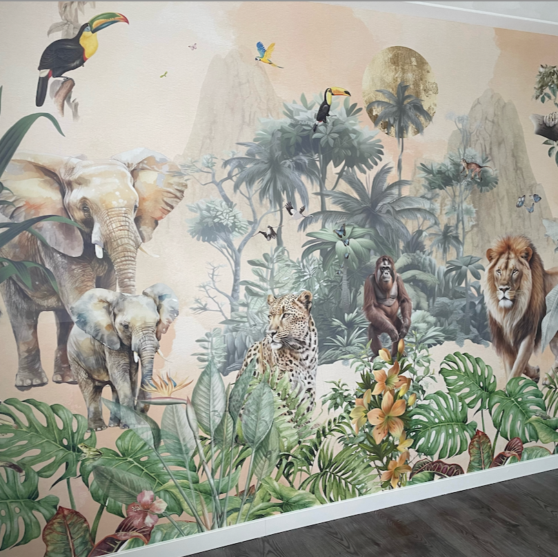 Fleur des Fleurs Behang Jungle Paradise Color (warm orange) in vlies en vinyl.