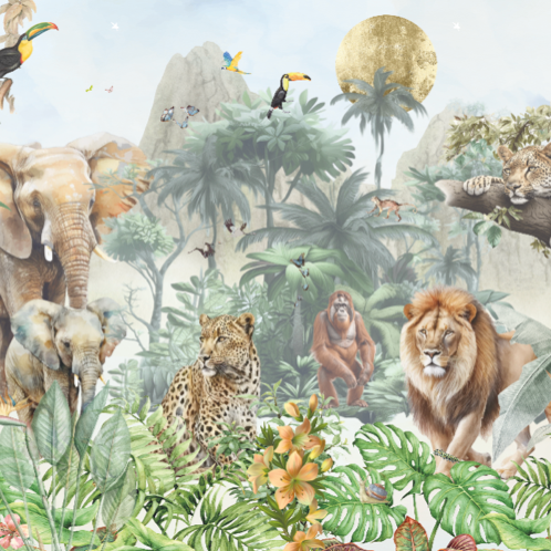 Fleur des Fleurs Behang Jungle Paradise Sky Blue. Jungle print met olifanten, leeuwen, panters, gorilla's in kleur.