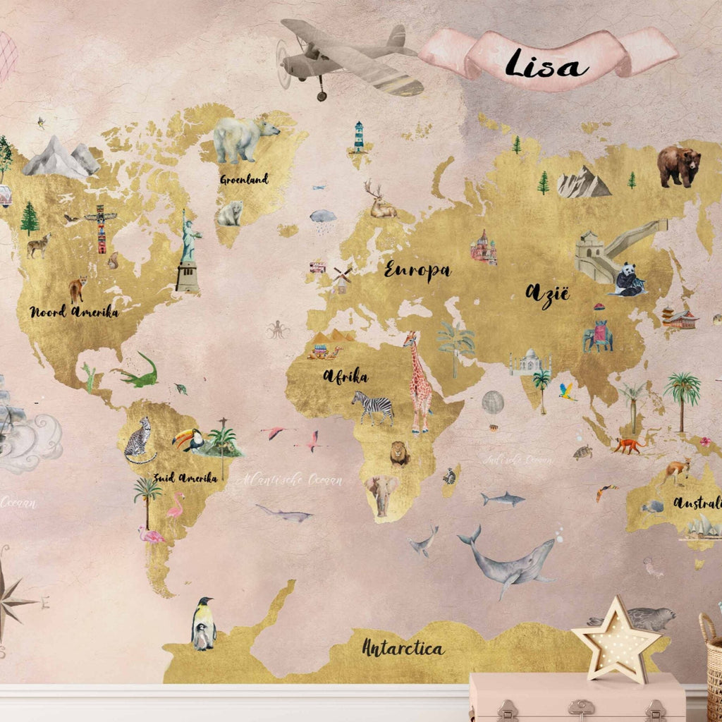 Fleur des Fleurs Behang - Kids World soft pink & gold in vlies en vinyl.