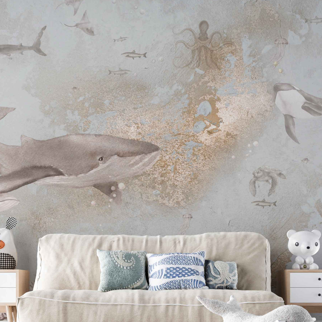 Fleur des Fleurs Behang Ocean Dream copper gold blue in vlies en vinyl.