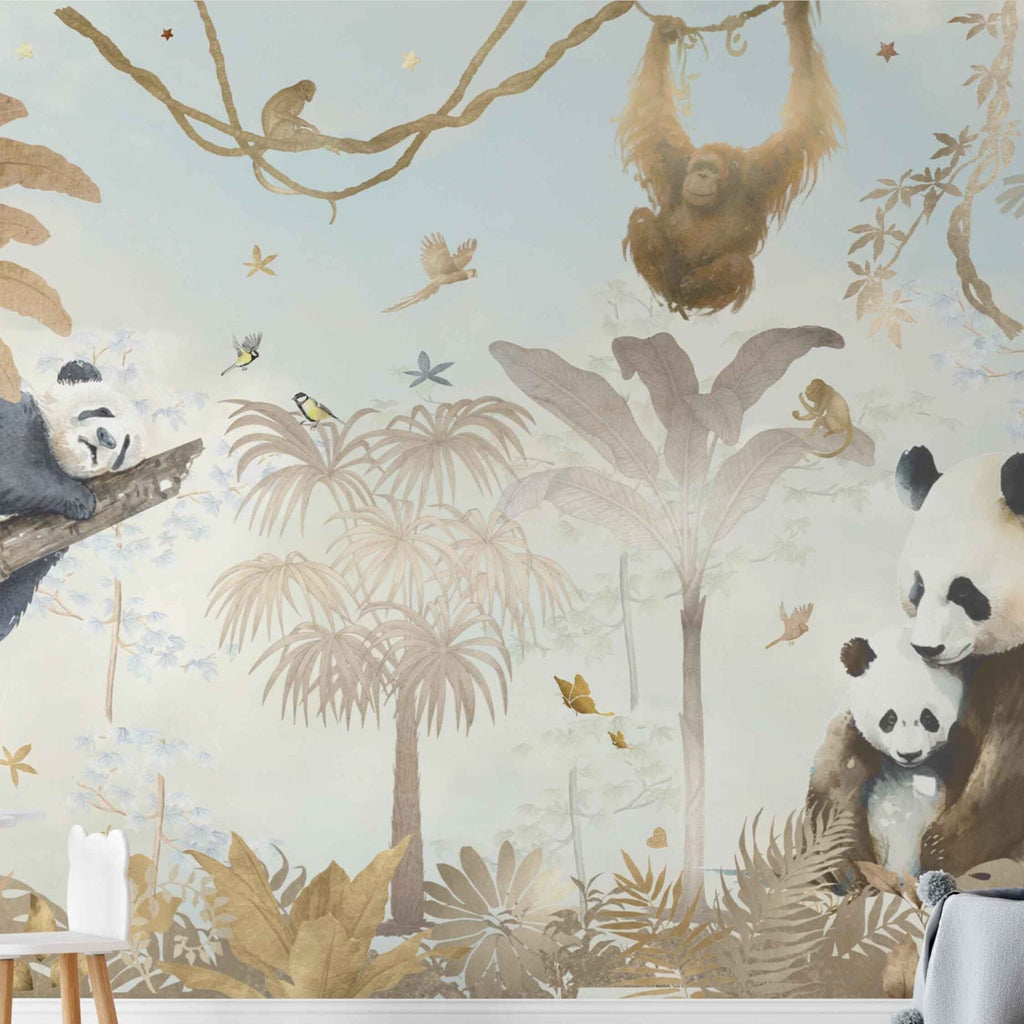 Fleur des Fleurs Behang Panda Forest Naturel Blue in vlies en vinyl.