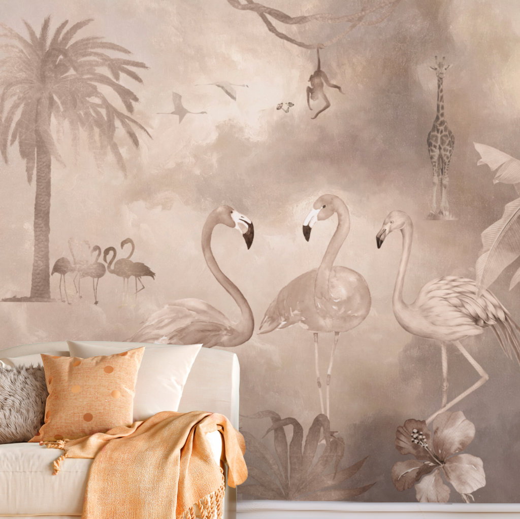 Fleur des Fleurs Behang Taupe Flamingo’s in vlies en vinyl.