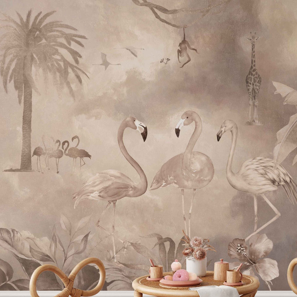Fleur des Fleurs Behang Taupe Flamingo’s in vlies en vinyl.