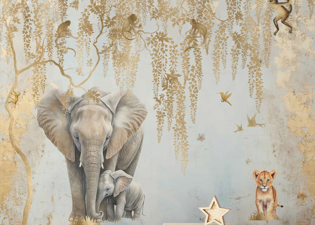 Fleur des Fleurs Behang Elephant Hug Blue Gold in vlies en vinyl.