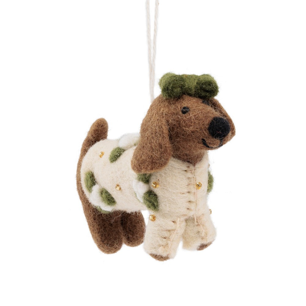 Sjaal met verhaal Kerstboomhanger Hanger Teckel Crème met mistletoe print.