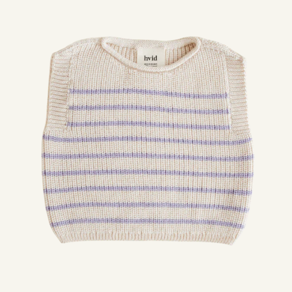 Hvid vest Harvey baby Cream Lila gemaakt van 100% merinowol. Maat 0-6 maanden.