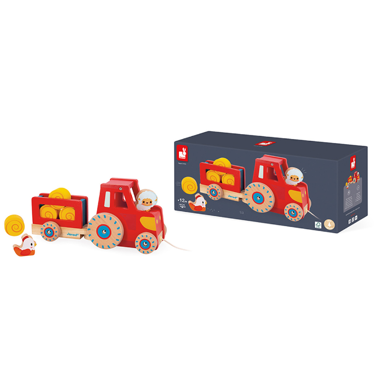 Deze leuke houten tractor bestaat uit een afneembare aanhangwagen, 4 strobalen, een kip en een schaap. Deze tractor met trekkoord is de ideale metgezel om uw kind te leren stappen.