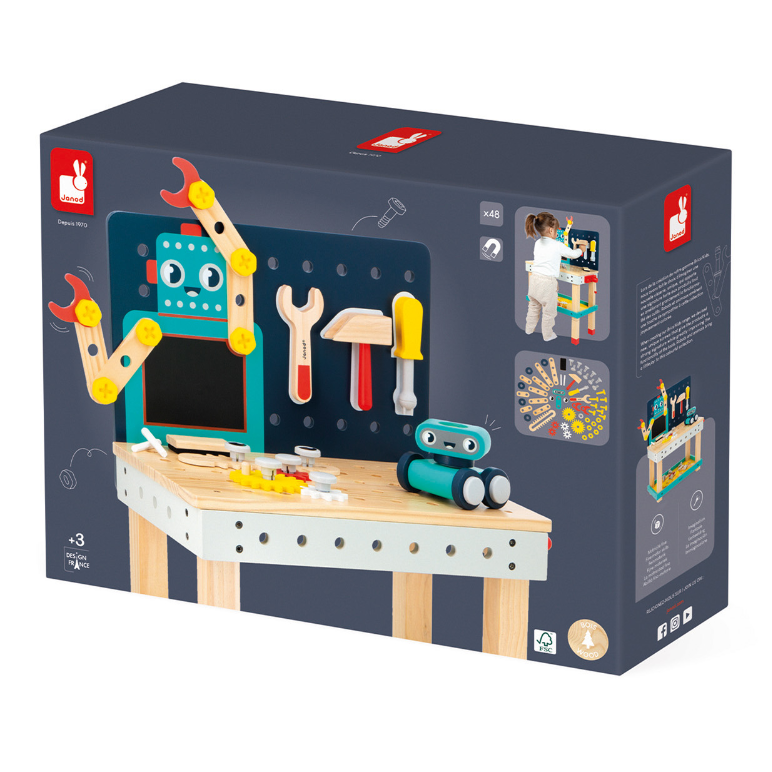 Grote robotwerkbank, monteer zijn armen om hem tot leven te wekken! Jouw kindje ontdekt een wereld van hout (3 stuks magnetisch gereedschap, 1 bankschroef, 7 tandwielen, 9 platen) en kunststof (8 schroeven, 8 moeren, 12 spijkers,…) om zijn verbeelding de vrije loop te laten.