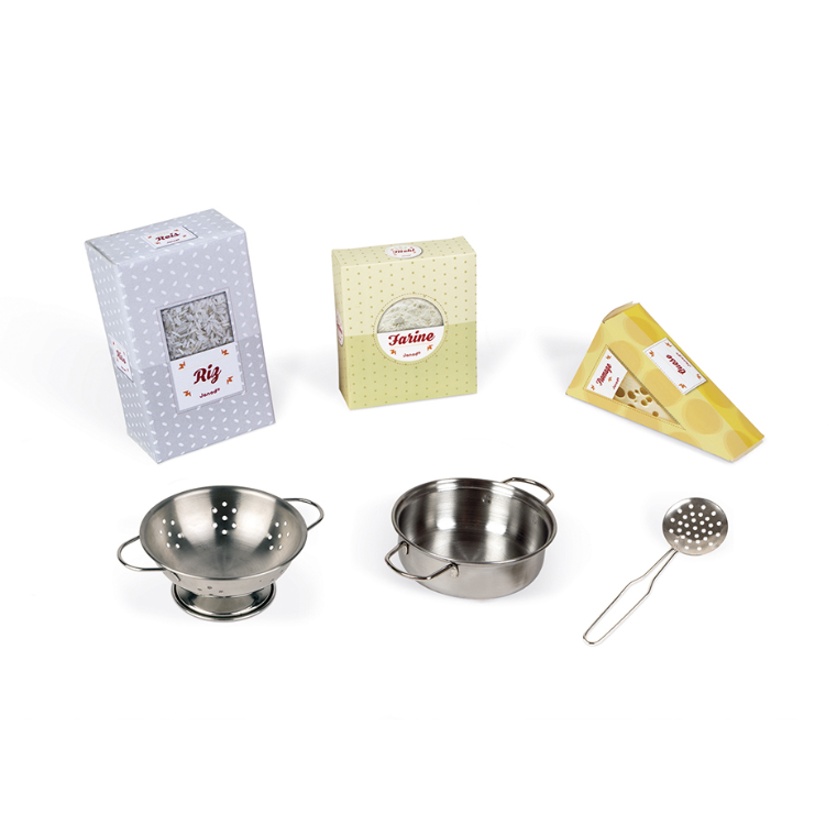 Grote keuken Mozaïc, volledig van hout, met haken om 1 schuimrubberspaan, 1 pan en 1 metalen vergiet aan te hangen, samen met 3 kartonnen voedingsdozen (kaas, bloem en rijst). Het is net zoals een echte keuken voorzien van een inductiekookplaat met geluid en LED-lichten.