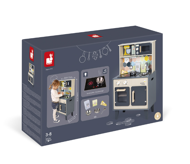 Grote keuken Mozaïc, volledig van hout, met haken om 1 schuimrubberspaan, 1 pan en 1 metalen vergiet aan te hangen, samen met 3 kartonnen voedingsdozen (kaas, bloem en rijst). Het is net zoals een echte keuken voorzien van een inductiekookplaat met geluid en LED-lichten.