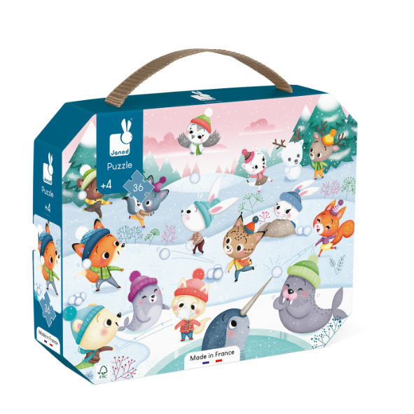Kijk hoe de dieren een sneeuwballengevecht aangaan, en ontwikkel je geheugen en behendigheid met deze mooie kartonnen puzzel van 36 stukjes. 