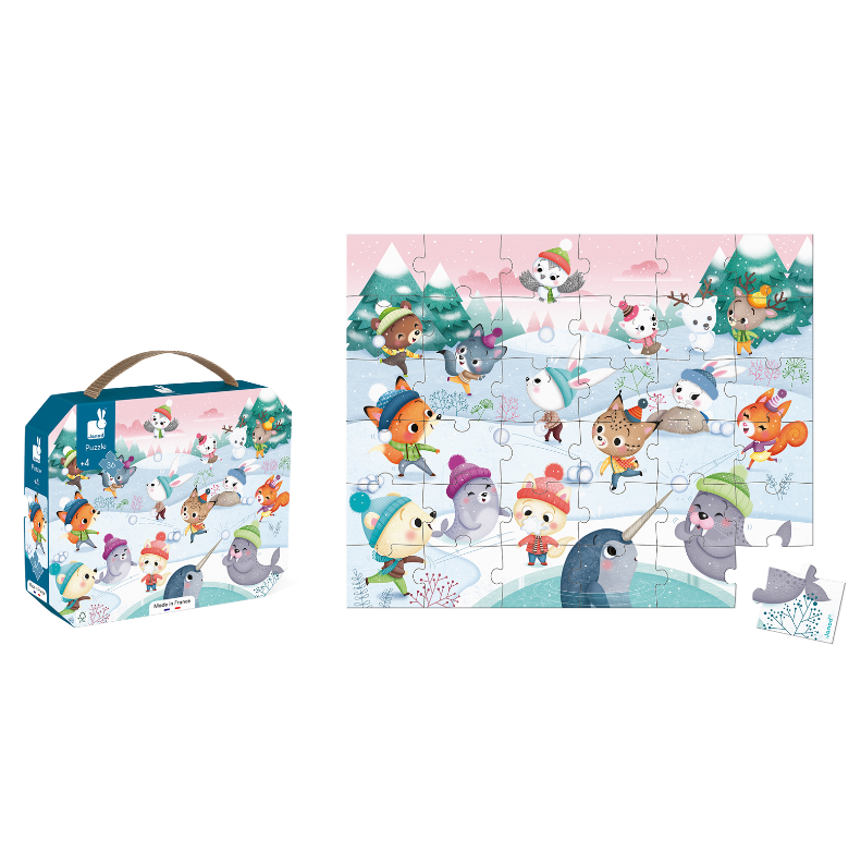 Kijk hoe de dieren een sneeuwballengevecht aangaan, en ontwikkel je geheugen en behendigheid met deze mooie kartonnen puzzel van 36 stukjes. 