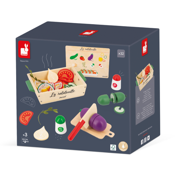Deze keukenSet met zomergroenten bestaat uit 32 accessoires: een courgette, een aubergine, 4 tomaten, 2 uien, een mes, houten peper-en-zoutstel, alsook 5 vilten plakjes paprika, 3 stoffen kruidentakjes, een receptenfiche en een kartonnen snijplank. Dit alles wordt gepresenteerd in een mooie houten bak. 