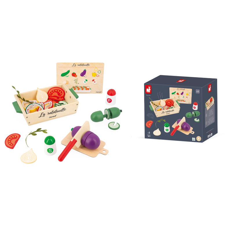 Deze keukenSet met zomergroenten bestaat uit 32 accessoires: een courgette, een aubergine, 4 tomaten, 2 uien, een mes, houten peper-en-zoutstel, alsook 5 vilten plakjes paprika, 3 stoffen kruidentakjes, een receptenfiche en een kartonnen snijplank. Dit alles wordt gepresenteerd in een mooie houten bak.