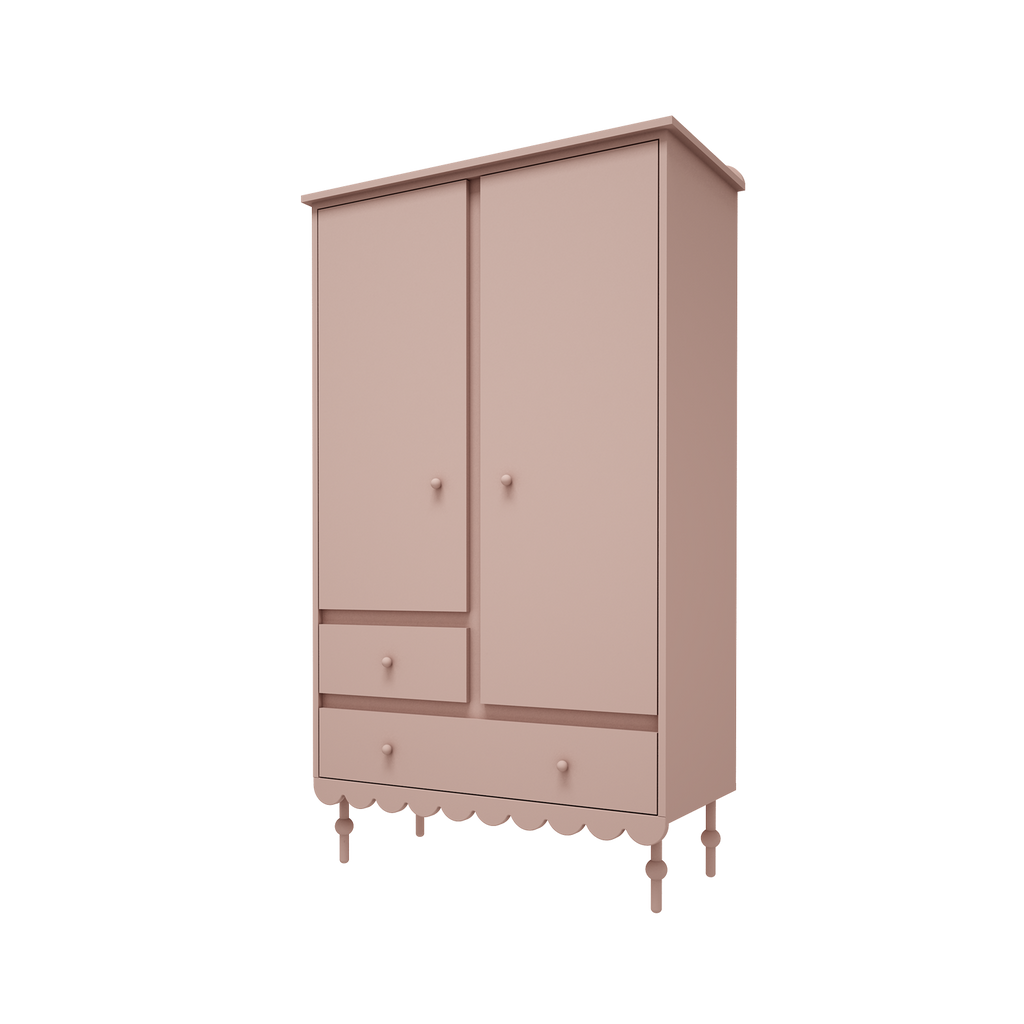 Een oud roze kast in retrostijl met twee deuren en twee lades