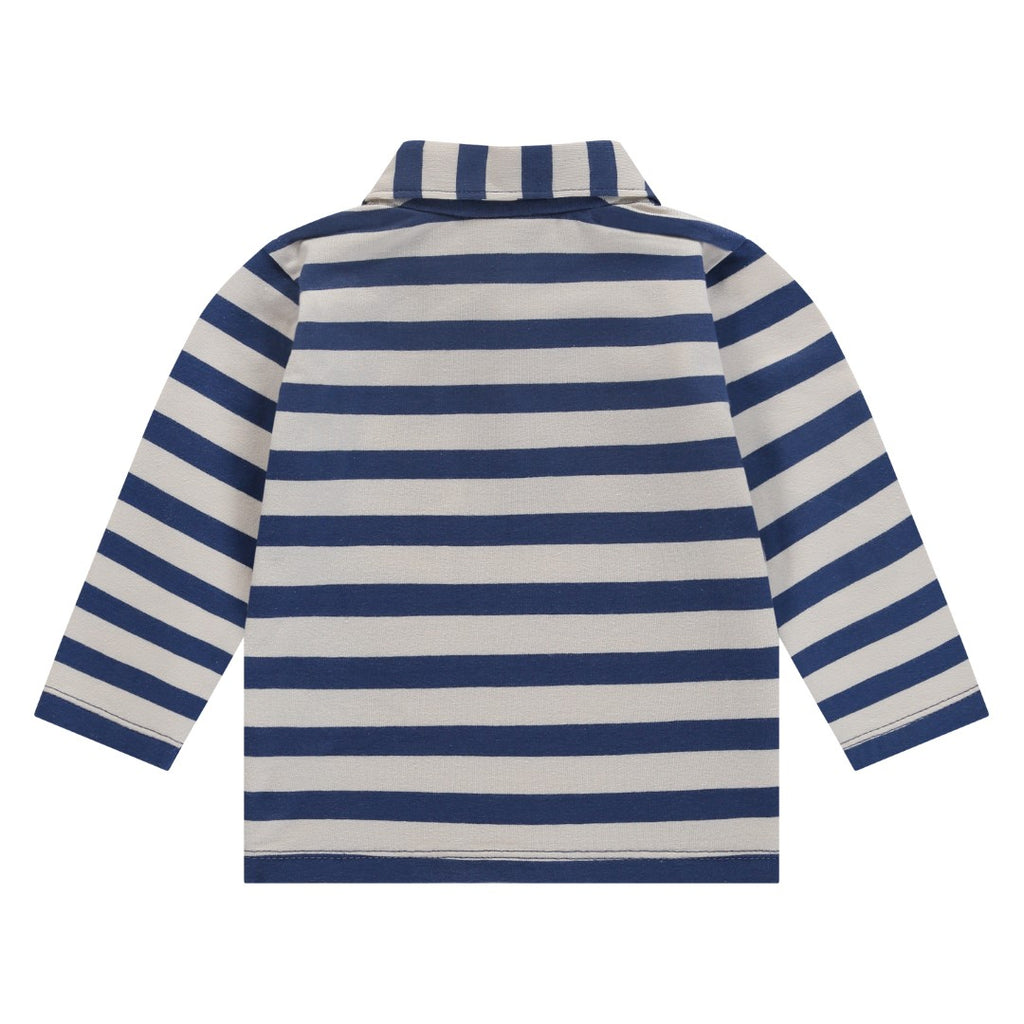 Een blauw wit gestreepte long sleeve met kraag