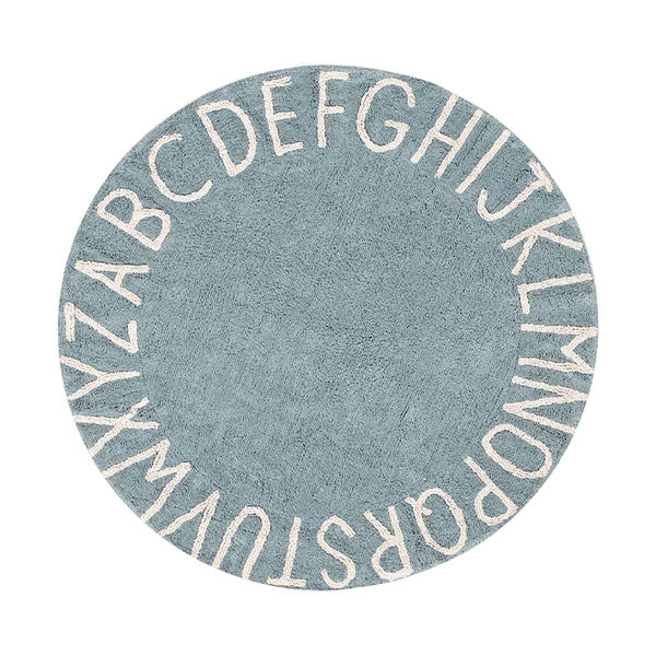 Lorena Canals - Machine wasbaar vloerkleed - Rond blauw vloerkleed met in witte letters de kleuren van het alfabet. 