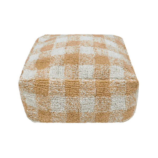 Lorena Canals - Poef - Vichy Blue Honey. Rechthoekige poef, goud geel en wit geblokt.