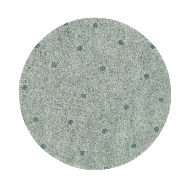 Lorena Canals machine wasbaar vloerkleed rond blauw met donker blauwe stippen. 