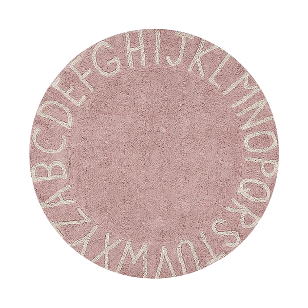Lorena Canals Roze rond vloerkleed met in het wit de letters van het alfabet. Machine wasbaar vloerkleed.