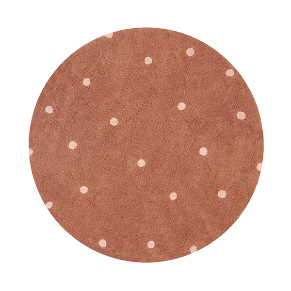 Lorena Canals Machine wasbaar vloerkleed rond. Bruin met witte stippen.