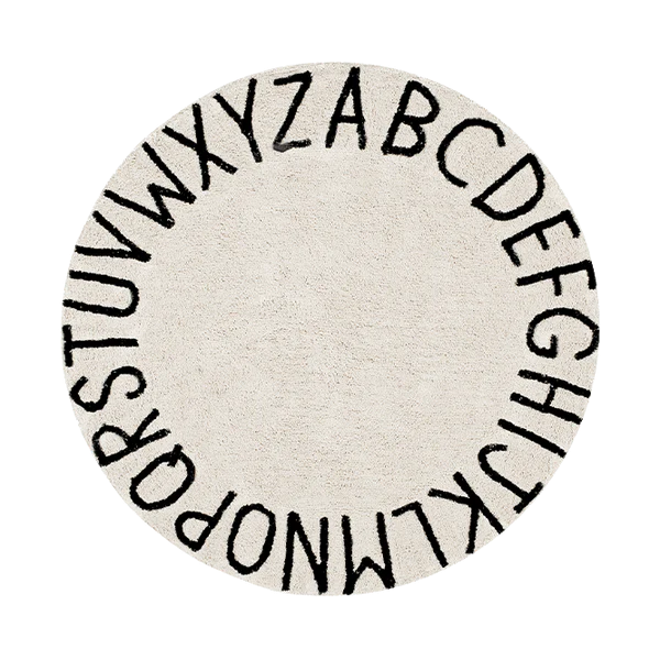 Lorena Canals Machine wasbaar rond vloerkleed met de letters van het alfabet.
