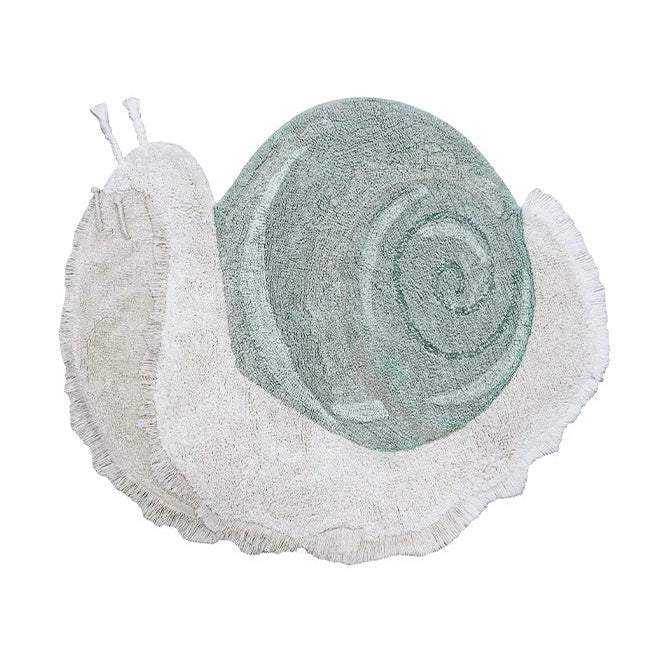 Lorena Canals Machine wasbaar vloerkleed in de vorm van een slak. Met grijze en licht blauwe kleuren.