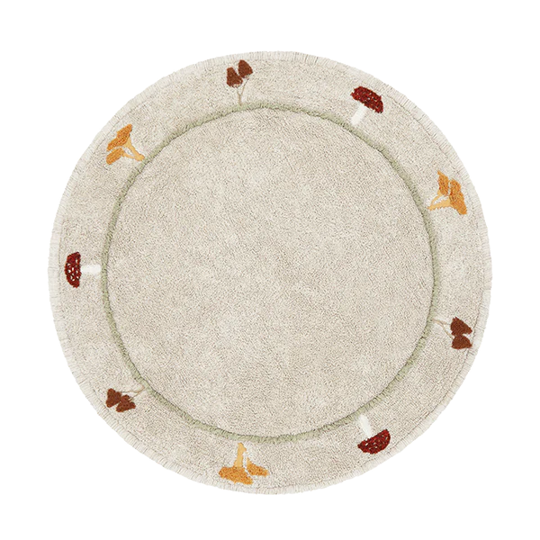 Lorena Canals - Vloerkleed - Rond met aan de rand gekleurde paddelstoelen in het rood en geel. Diameter van 140 cm.