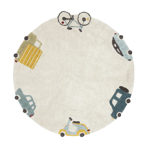 Lorena Canals vloerkleed, machine wasbaar met rondom auto's en fietsen. 