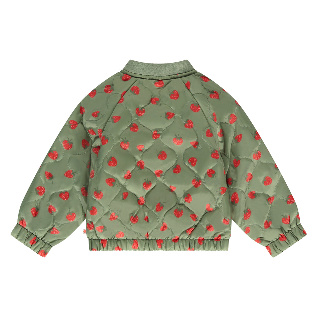 Een groene baby jasje met rode aardbeien