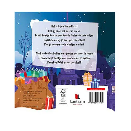 Kiekeboe! Wie of wat zit hier verstopt? Sint is bijna weer in het land en alle schoentjes moeten gevuld worden. Ga jij met de Pieten mee op avontuur en ontdek jij wat er verstopt zit achter de vilten flappen? 