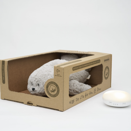 Een zeehond knuffel met een module in het buikje met white noise en pink noise.