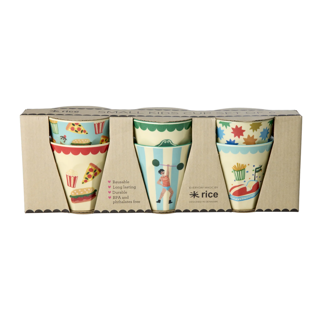 Rice Beker set van  kinderbekers, 160 ml, 6 verschillende bekers in de thema circus, blauw.