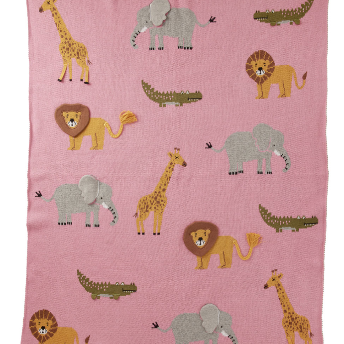Een roze deken voor jonge kinderen. Gemaakt van 100% katoen. Kleur roze met jungle dieren.