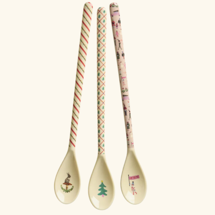 Melamine lepels groot geschikt voor latte macchiato, chocolade melk of babyhapjes in holidayprint.  