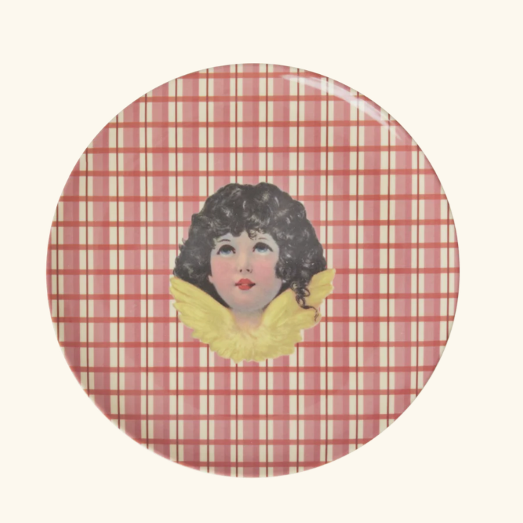 Bordje van melamine in de kleur rood met een kerstthema. 