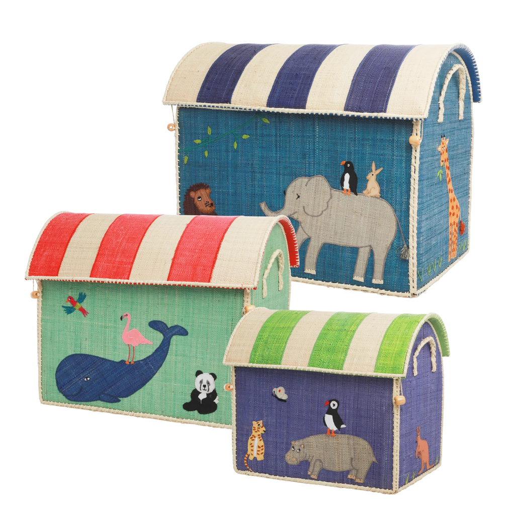Rice Opbergmanden Raffia Wild Life Blue set van 3