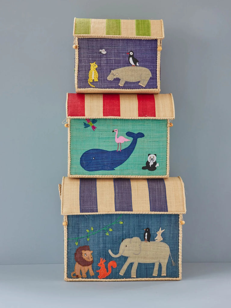 Rice Opbergmanden Raffia Wild Life Blue set van 3