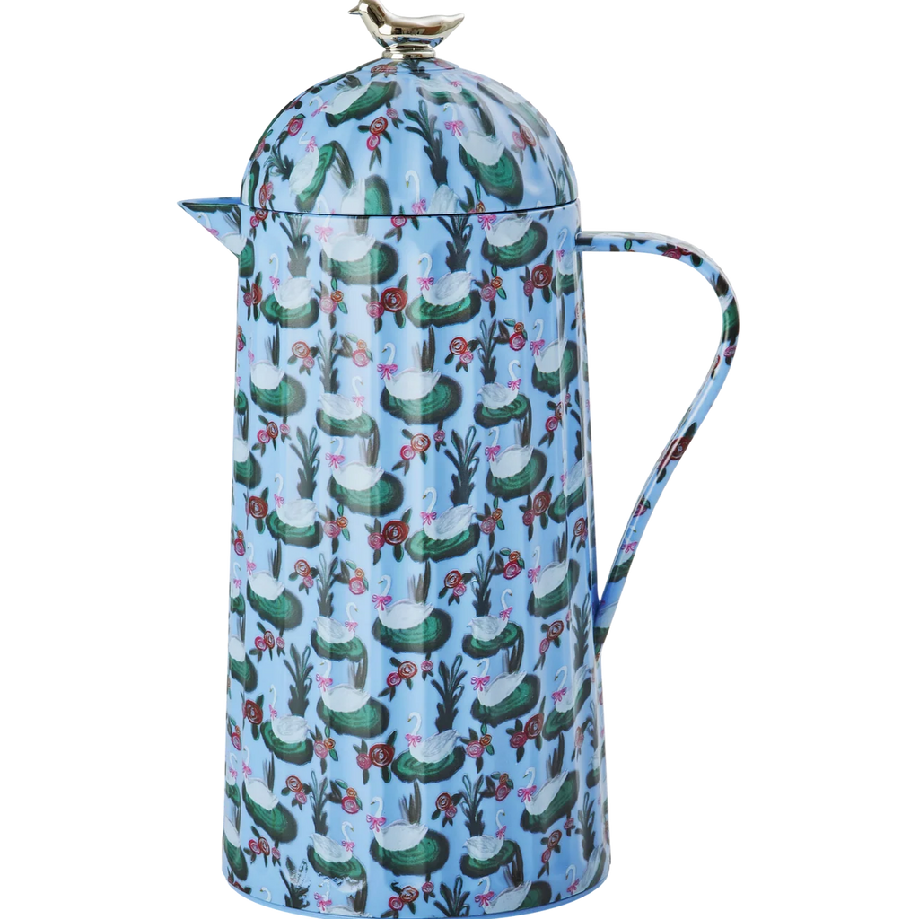 Rice Thermoskan Blauw met zwanen en een zilver vogeltje op de dop