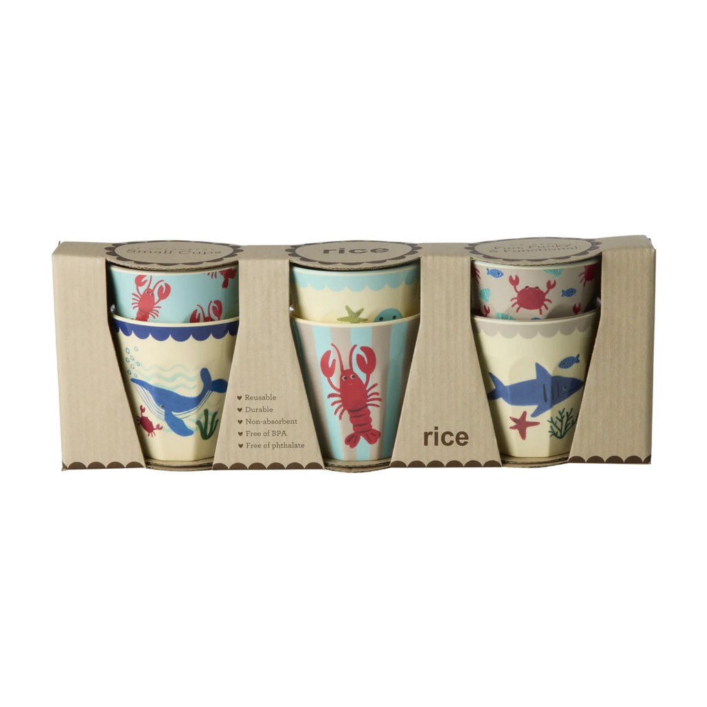 Rice Beker Set van 6 bekers. Voor kinderen. Gemaakt van melamine. Small  - 160 ml. Print Sealife verkrijgbaar in blauw en roze